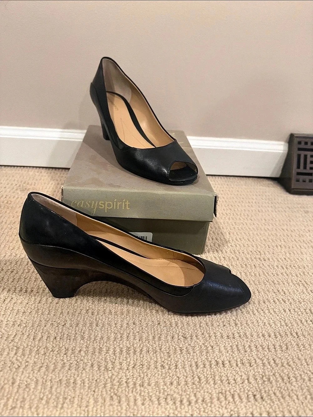 Easy Spirit Black Leather Peep-Toe Wedge Pumps
